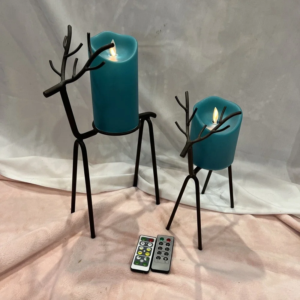2 Reindeer Candle Holders Standing‎ Iron Metal with flames less remote candles